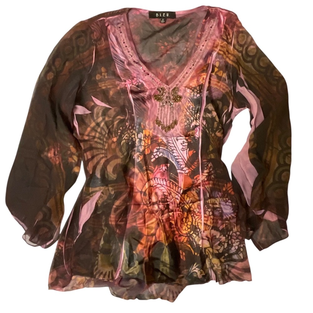 B.L.E.U. Sheer Beaded Mesh Tunic Womens Small Purple Boho Paisley Top